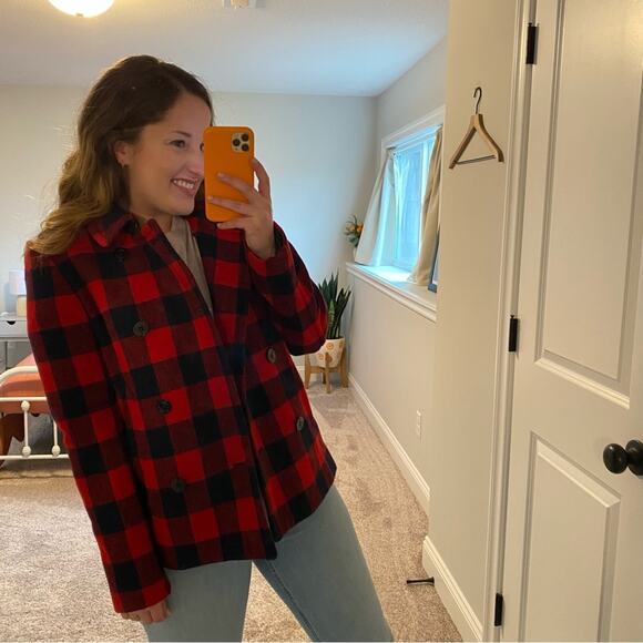 J. Crew Red Navy Blue Buffalo Plaid Wool Coat Jacket Small - Picture 6 of 13